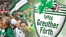 Jubelnde Fans im Stadion daneben das Vereinslogo von Greuther Fürth | Bild: picture-alliance/dpa; BR; Montage:BR