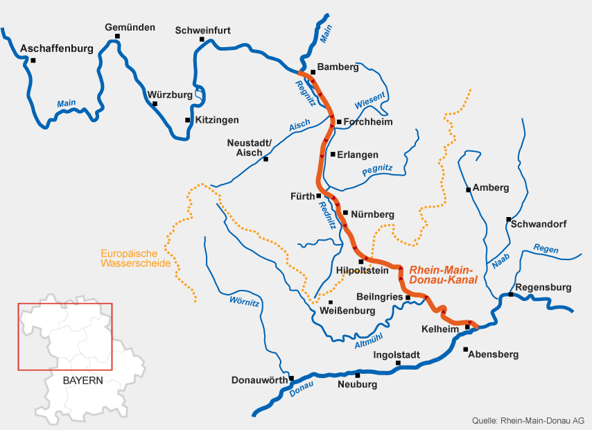 Karte: Verlauf des Rhein-Main-Donau-Kanals | Bild: BR