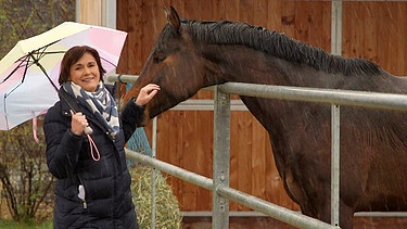 Heike Götz moderiert neben einem Pferd auf der Koppel | Bild: BR