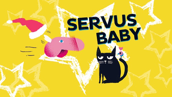 Key Visual "Servus Baby": Grafik gelber Hintergrund mit Sternen, Katze und Penis | Bild: BR/FASTNORMAL/Carola Bader; Montage: BR