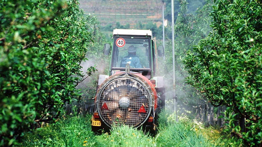 Ein Traktor beim Spritzen von Pestiziden (Insektenvernichtungsmittel) oder Funghiziden (gegen Pilzbefall) auf einer Apfelplantage.  | Bild: picture-alliance / dpa | Udo Bernhart