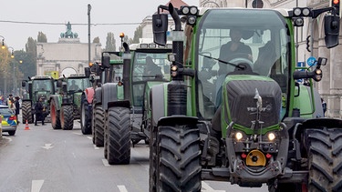 München: Traktoren fahren hintereinander zu einer Demonstration auf der Ludwigstrasse zwischen Siegestor (im Hintergrund) und Odeonsplatz | Bild: picture alliance/dpa/Peter Kneffel