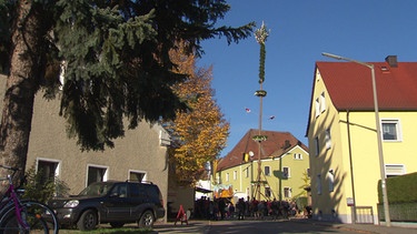Am Kirwasamstag wird der geschmückte, 30m hohe Baum auf dem Dorfplatz von Fronberg aufgestellt. | Bild: BR
