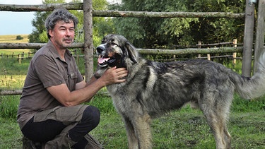 Christoph Promberger mit karpatischem Hirtenhund.  | Bild: BR/Martin Weinhart