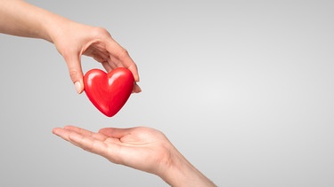 Rotes Herz, das von einer Hand in eine andere gegeben wird | Bild: BR / stock.adobe.com / REDPIXEL