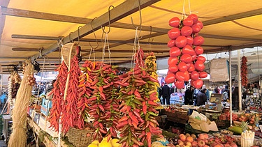 Marktstand mit Chilischoten und Tomaten am Campo de' Fiori | Bild: Annette Eckl