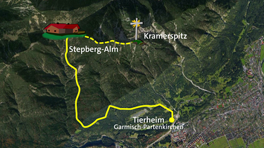 Karte: der Weg vom Tierheim in Garmisch-Partenkirchen zur Stepbergalm, weiter zur Kramerspitz | Bild: Wir in Bayern