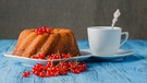 Guglhupf auf Teller mit Kaffeetasse und Johannisbeeren | Bild: Creativ Collection