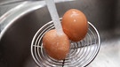 Zwei Eier auf einer Kelle werden unter einem Wasserhahnstrahl abgeschreckt | Bild: mauritius images / Pitopia / Ralf Nöhmer