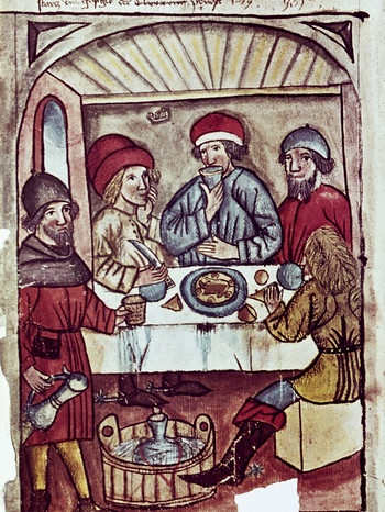 Die Buchmalerei zeigt eine Nürnberger Gaststube um 1470 | Bild: picture-alliance/dpa