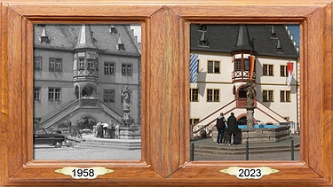Der Marktbrunnen in Volkach 1958 und 2023 | Bild: Bayerischer Rundfunk