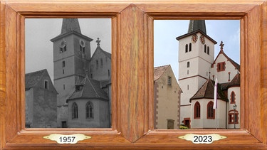Die Kirche in Eichfeld 1957 beim Abendläuten und heute | Bild: BR