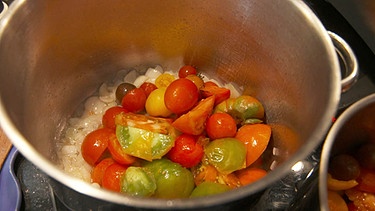 Tomaten und kleingeschnittene Zwiebeln in einem Kochtopf | Bild: BR