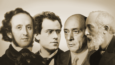 Porträts der Künstler Felix Mendelssohn Bartholdy, Gustav Mahler, Arnold Schönberg und Hermann Levi | Bild: picture-alliance/dpa, Montage: BR