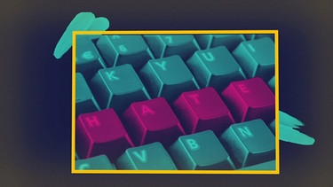 Auf einer Tastatur sieht man die Buchstaben H A T E nebeneinander und farblich hervorgehoben. | Bild: picture-alliance/dpa, colourbox.com, Montage: BR
