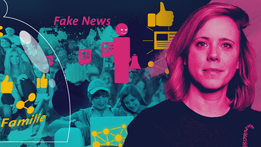 rechts: Moderatorin Christina Wolf; Symbolbilder zum Thema Fake News | Bild: BR, colourbox.com; Montage: BR