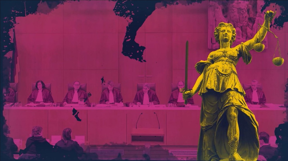 Symbolbild: Statue Justitia, im Hintergrund Richter:innen am Bundesverfassungsgericht. | Bild: colourbox.com, picture-alliance/dpa, BR, Montage: BR