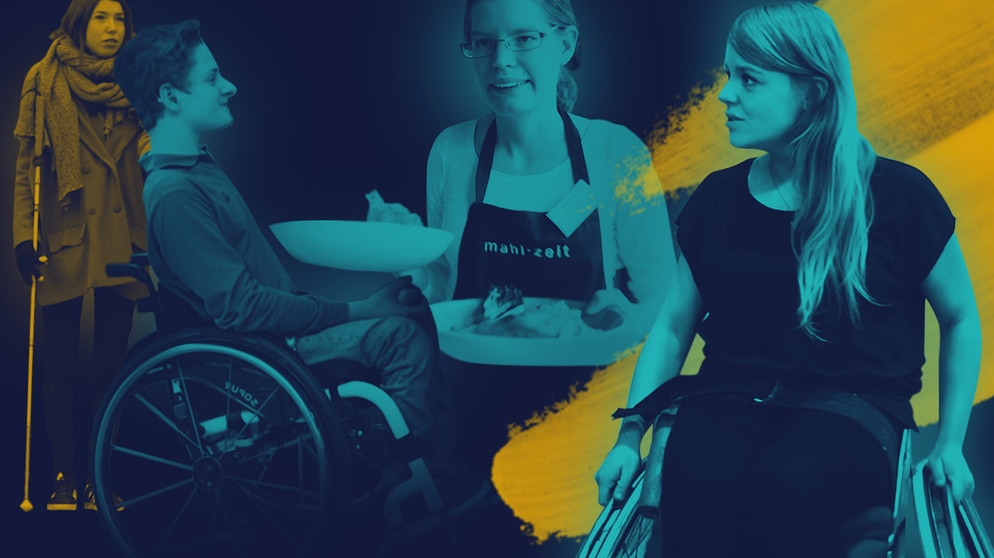 Moderatorin Sabine Pusch im Rollstuhl, eine blinde Frau, ein junger Mann im Rollstuhl, eine Kellnerin mit Behinderung | Bild: BR