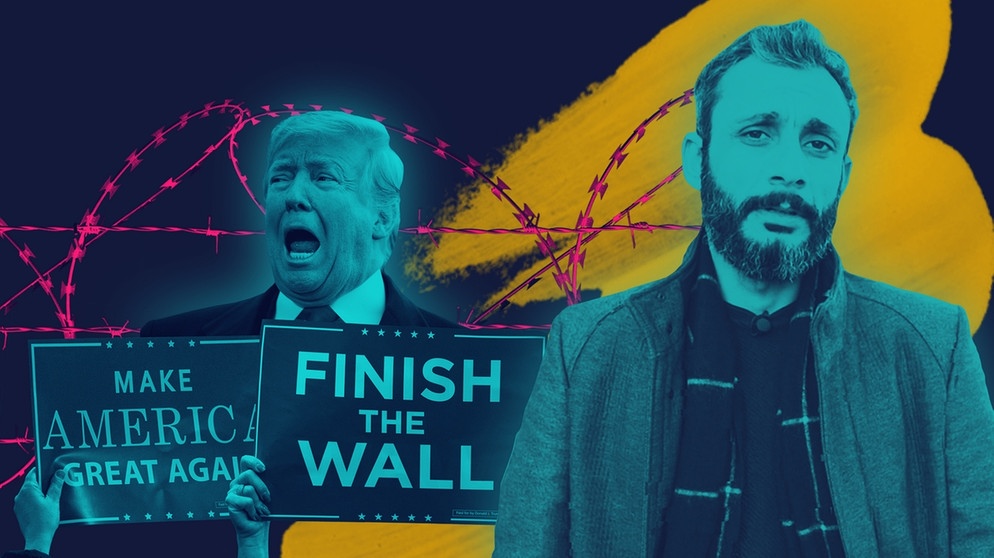 Donald Trump mit Schildern "Make America great again" und "Finish the wall" vor einem Stacheldrahtzaun, Moderator Ramo Ali | Bild: picture-alliance/dpa; Montage: BR