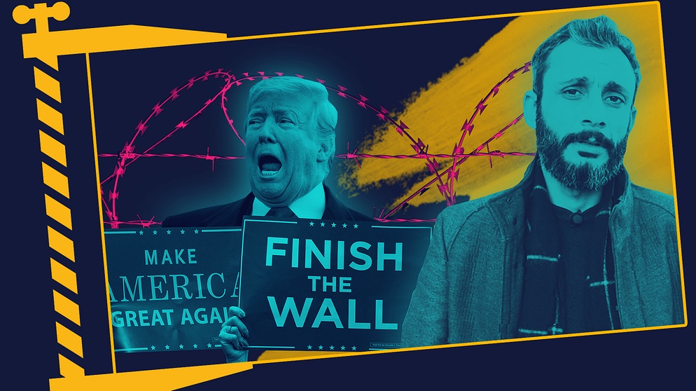 Donald Trump mit Schildern "Make America great again" und "Finish the wall" vor einem Stacheldrahtzaun, Moderator Ramo Ali | Bild: picture-alliance/dpa; Montage: BR