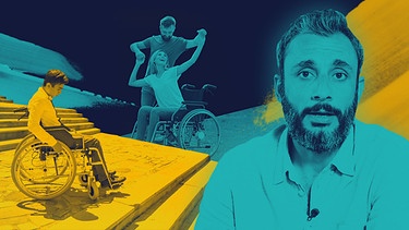 Ramo Ali neben einem Rollstuhlfahrer auf einem Treppenabsatz und einem tanzenden Paar bei dem die Frau im Rollstuhl sitzt | Bild: BR, colourbox.com, picture-alliance/dpa; Montage: BR