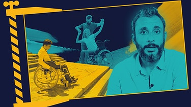 Respekt kompakt: Ramo Ali neben einem Rollstuhlfahrer auf einem Treppenabsatz und einem tanzenden Paar bei dem die Frau im Rollstuhl sitzt | Bild: BR, colourbox.com, picture-alliance/dpa; Montage: BR
