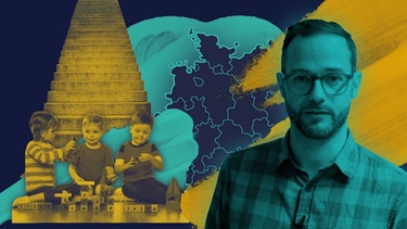 Montage: Respekt Moderator Rainer Maria Jilg, Spielende Kinder mit Buchstaben Klötzchen, Treppe und Deutschlandkarte | Bild: Montage: BR