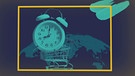 Symbolbild für "Shoppen rund um die Uhr, rund um den Globus": Ein Wecker liegt auf einem Einkaufswagen, im Hintergrund die Erde. | Bild: BR, picture-alliance/dpa, colourbox.com, Montage: BR