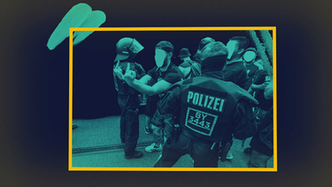 Polizeigruppe, gewaltbereiter Demonstrant - Symbolbild Montage | Bild: colourbox.com, picture-alliance/dpa, BR, Montage: BR