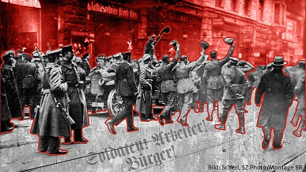 Aufmarsch vor dem Mathäserbräu während der Novemberrevolution - in einer Bildmontage des BR | Bild: Scherl, SZ Photo / Montage BR