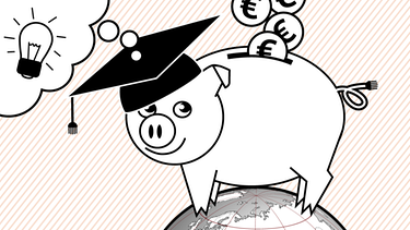 Illustration: Ein Sparschwein mit Doktorhut steht auf einem Globus | Bild: BR