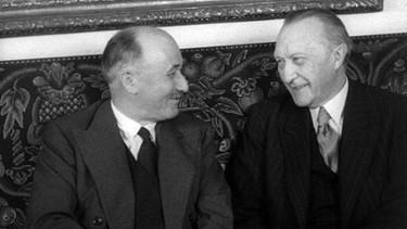 Deutschland war für Jean Monnet immer der Schlüssel für ein vereintes Europa. Foto: Jean Monnet und Konrad Adenauer. | Bild: BR/Rüdiger Mörsdorf Filmproduktion/SR