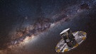 Gaia Raumsonde Gaia-Raumsonde mit dem Band der Milchstraße im Hintergrund.  | Bild: ESA/ATG medialab; background image: ESO/S. Brunier