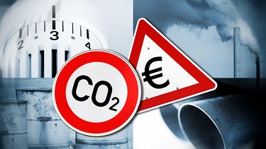 Fotomontag: CO2-Schild, Warnschild mit Eurozeichen, Heizungsthermostat, Auspuff, Heizölfässer, Schornsteine | Bild: picture alliance/Bildagentur-online
