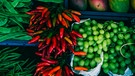 Gemüse- und Obststand am Viktualienmarkt in München mit Mangos, Trauben, Bohnen, Chilischoten und mehr. | Bild: BR/Johanna Schlüter