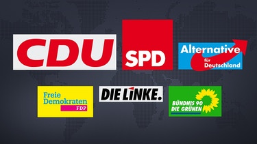 Parteienlogos von CDU, SPD, AfD, FDP, die Linke und Bündnis 90 Die Grünen | Bild: BR