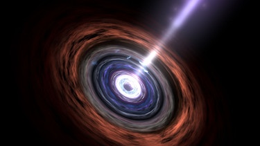 Die künstlerische Darstellung einer sogenannten aktiven Galaxie, in deren Zentrum ein gigantisches schwarzes Loch Materie einsaugt und dabei intensive Gammastrahlung erzeugt (undatiertes Handout). Wenn man von der Erde direkt in den Strahl blickt, sprechen Astronomen von einem Blazar. | Bild: picture-alliance/ dpa | NASA