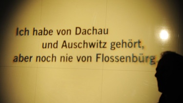 Ein Besucher in den Ausstellungsräumen der KZ-Gedenkstätte Flossenbürg (Oberpfalz) vor einer Projektion  | Bild: picture-alliance/dpa