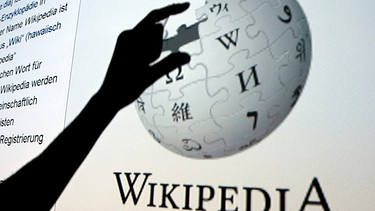 Die Silhouette eines Mannes, der mit seinen Fingern nach einem Globus der Internetseite der Online-Enzyklopädie Wikipedia greift | Bild: picture-alliance/dpa