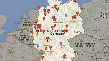 Karte: Deutsche Universitäten und Hochschulen, die Vorlesungen für Flüchtlinge geöffnet haben | Bild: 2015 GeoBasis-DE/BKG (2009, Google, Inst. Georg. Nacional