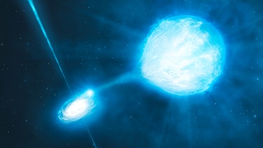 Künstlerische Darstellung der Europäischen Südsternwarte von einem Schwarzen Loch (links), das Materie von seinem Begleitstern (rechts) absaugt | Bild: picture-alliance/dpa