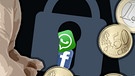 Illustration: Bestrafung mit sozialem Gewissen - Handy, auf dem Facebook und Whatsapp hinter einem Schloss sind; davor Hand mit Münzen | Bild: colourbox.com; Montage: BR