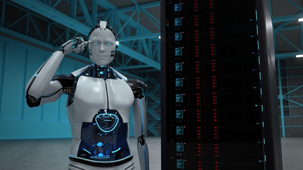 Humanoid robot with a server rack in a hall. 3d illustration.
| Bild: picture alliance / Zoonar | Alexander Limbach