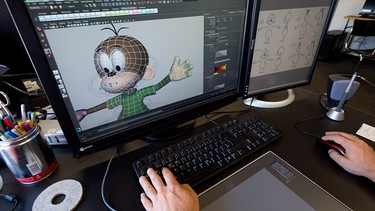 Ein 3D-Modell der Fernseh-Zeichentrickfigur «Äffle» ist in Ludwigsburg auf einem Monitor am Institut für Animation der Filmakademie zu sehen | Bild: picture-alliance/dpa