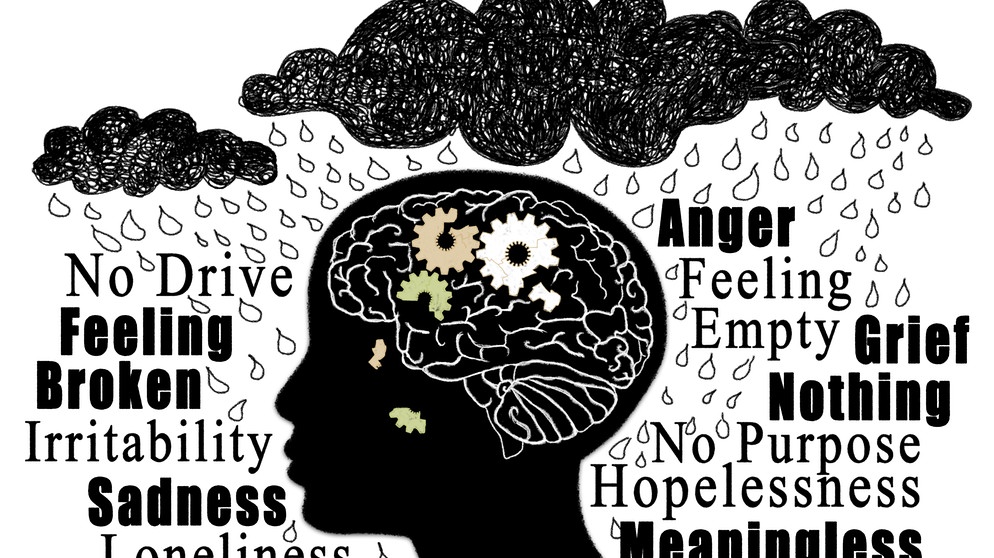 Grafik mit Kopf voller Gedanken ins Depressive, Antriebeslosigkeit, Schwarzsehen | Bild: colourbox.com