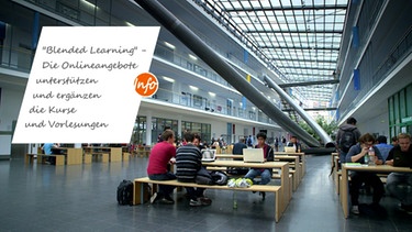 Studenten arbeiten im Empfangsgebäude einer Hochschule an Ihren Laptops | Bild: BR