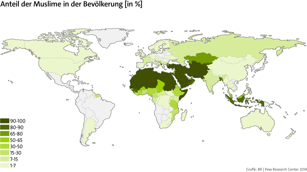 Karte: Bevölkerungsanteil der Muslime Weltweit je Land, in % | Bild: BR | Daten: Pew Research Center 2014