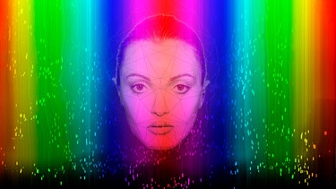 Young woman with face recognition artificial intelligence technology on multi-colored background | Bild: picture alliance / Westend61 | Emma Innocenti