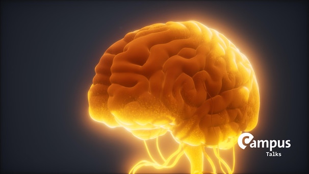 Menschliches Gehirn gelb-gold leuchtend als Symbolbild für den Vortrag "Gehirne aus Hautzellen" mit Campus Talks Logo | Bild: picture alliance / Zoonar | Stanislav Rishnyak