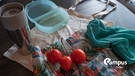 Auf einem Tisch liegen Stoffbeutel, Gemüsenetz, eine Tupperdose, eine Thermoskanne und Tomaten mit Campus Talks Logo | Bild: BR/Leon Baatz